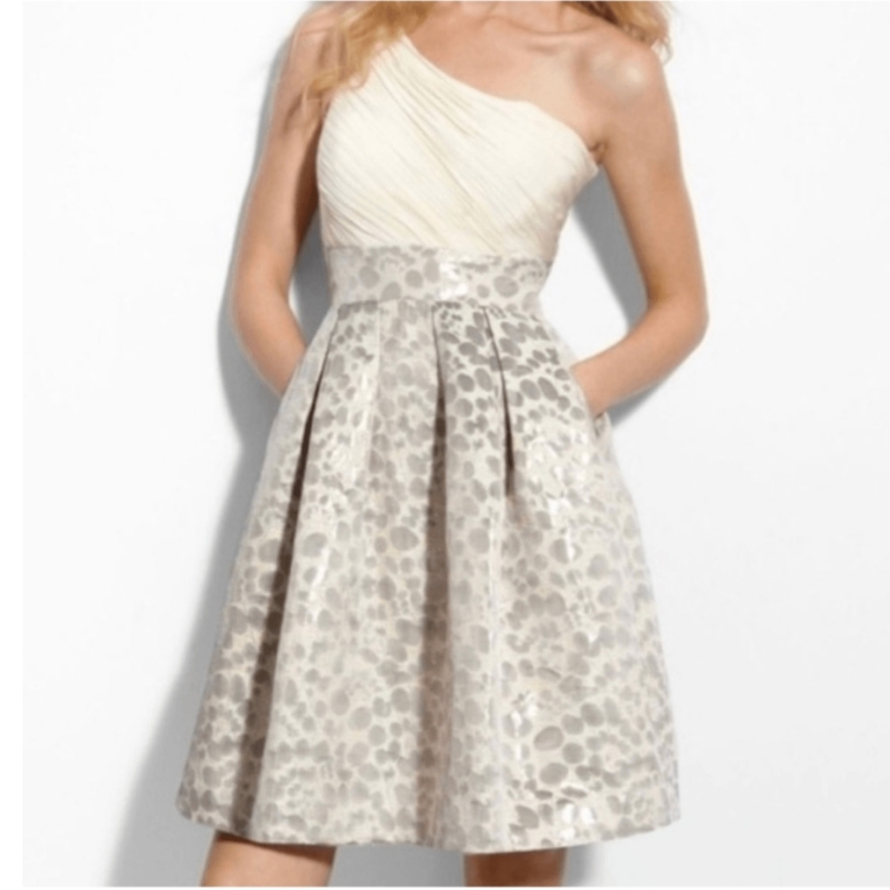Eliza J Cream and Silver One Shoulder Dress